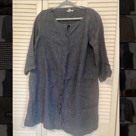 Eileen Fisher dark Navy/Gray Longsleeve Linen Dress Size Medium - Picture 4 of 4